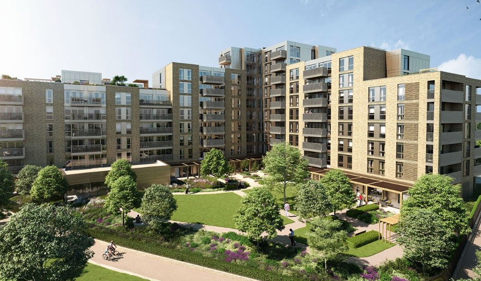 A CGI of the exterior of Audley, Mayfield. Modern apartment blocks with a large surface area of green space including trees and colourful flowers.