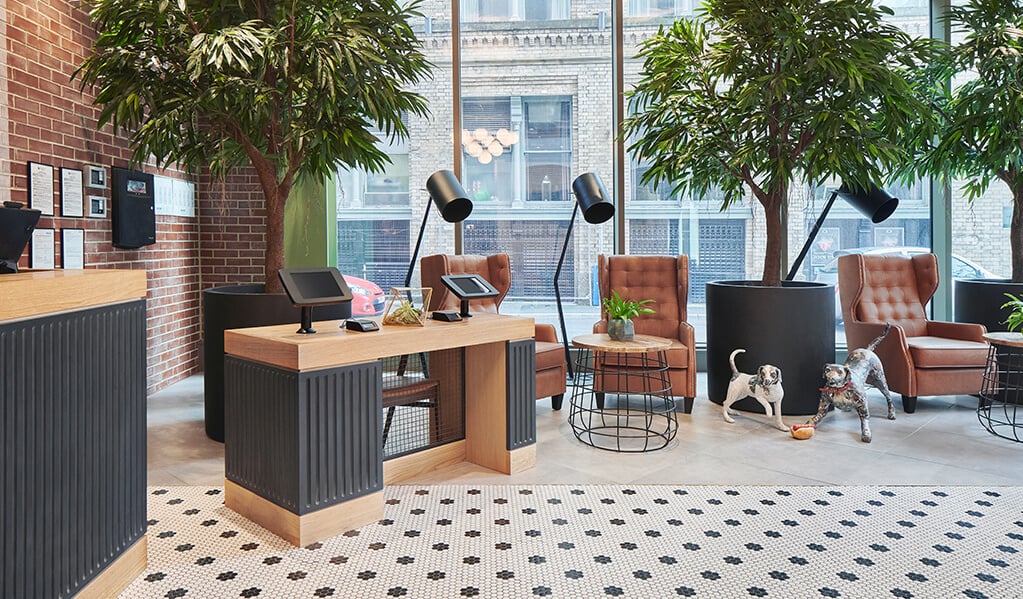 Hotel Brooklyn reception with accessible lower height check-in desk with knee-clearance for wheelchair users. 
