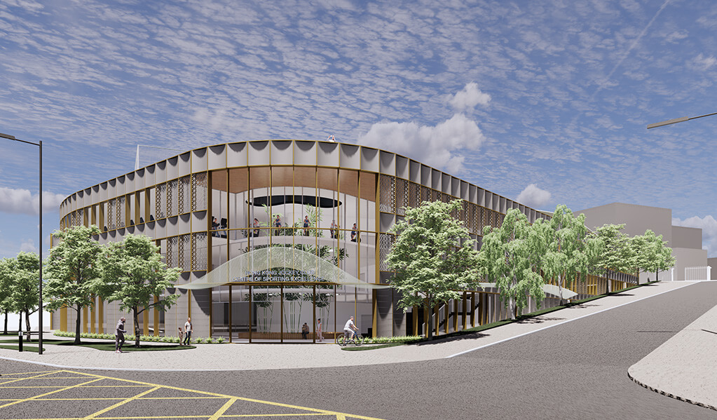 CGI of glass exterior entrance view of ESF sporting facility. Showing trees wrapping around the building and open roads.