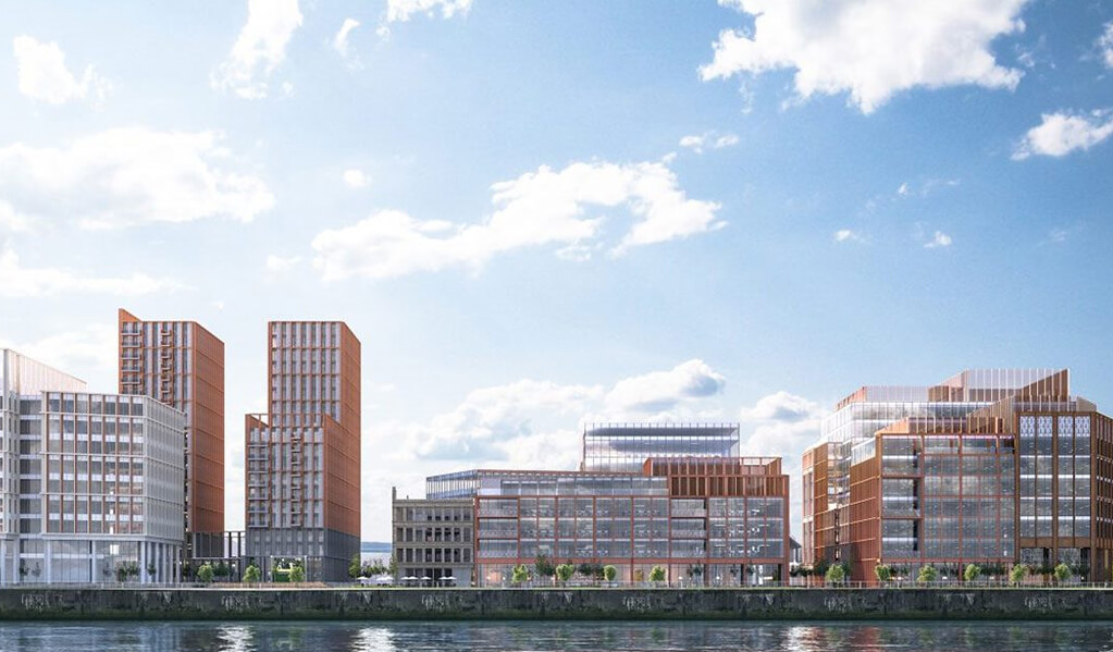 A CGI of the modern exterior view from across the water of the Barclays campus in Glasgow