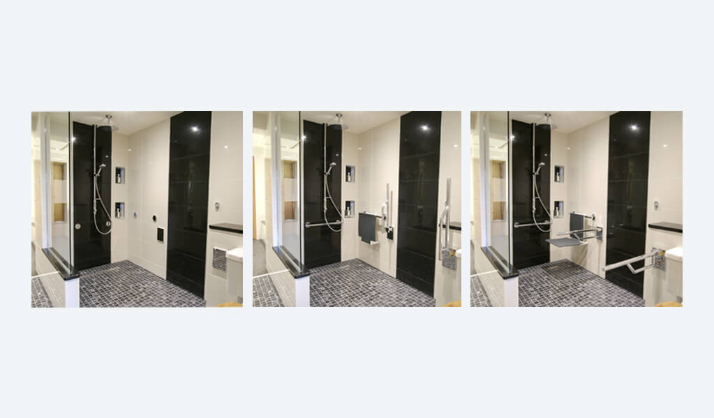 Split Screen with three images
Image 1 - Monochrome interior tiled bathroom with view of chrome shower.
Image 2 - Monochrome interior tiled bathroom with view of chrome shower and charcoal grey folded up.
Image 3 - Monochrome interior tiled bathroom with view of chrome shower and charcoal grey seat down.