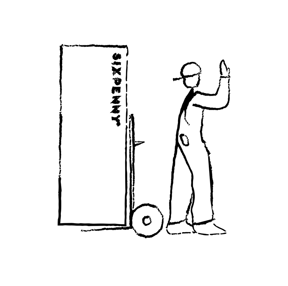 Illustration of a man offloading a Sixpenny box with a hand trolley