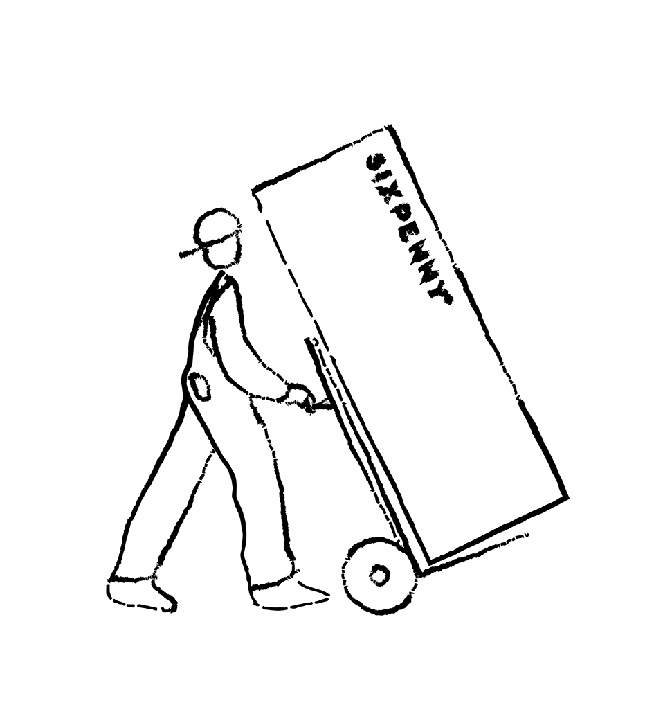 illustration of a man wheeling a box with Sixpenny logo using a hand trolley
