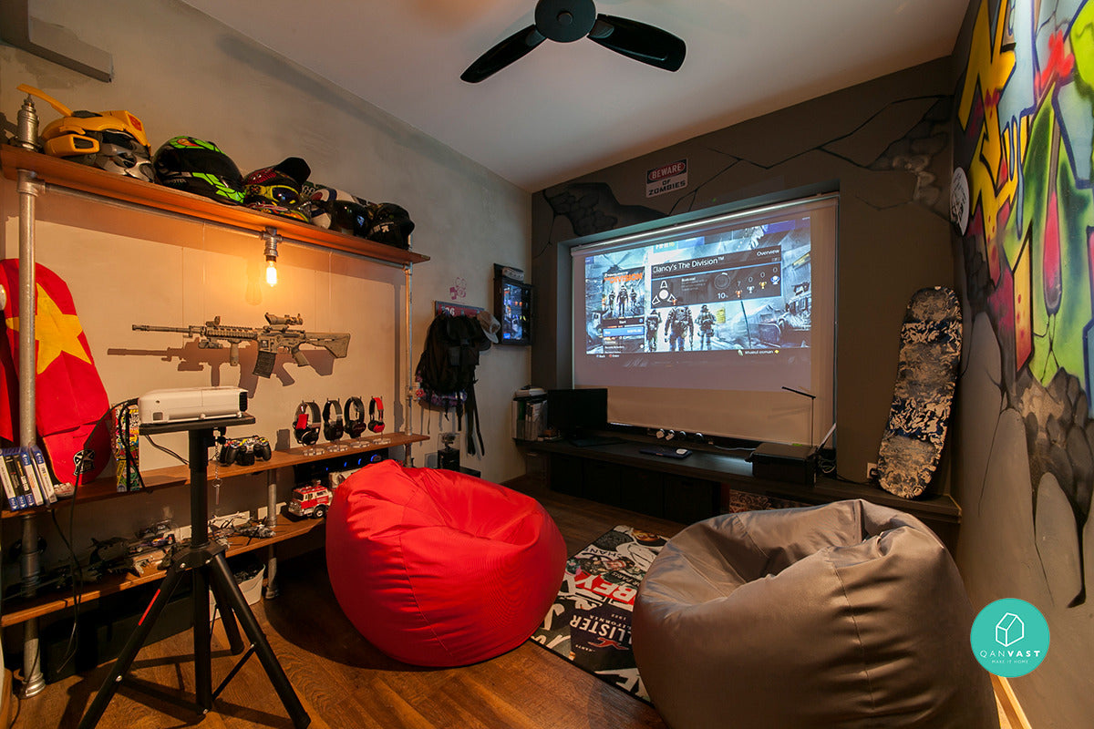 Watching movies in a room with projector and beanbags