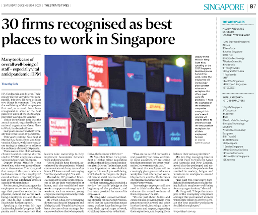TC Acoustic was featured as one of the top 30 best places to work in Singapore on the Straits Times