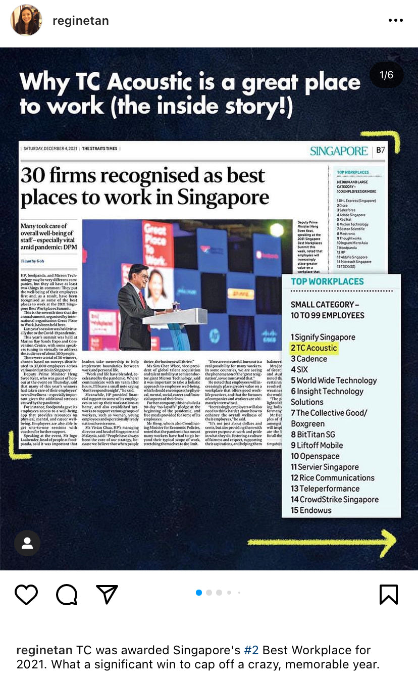 TC Acoustic was featured as one of the top 30 best places to work in Singapore on the Straits Times
