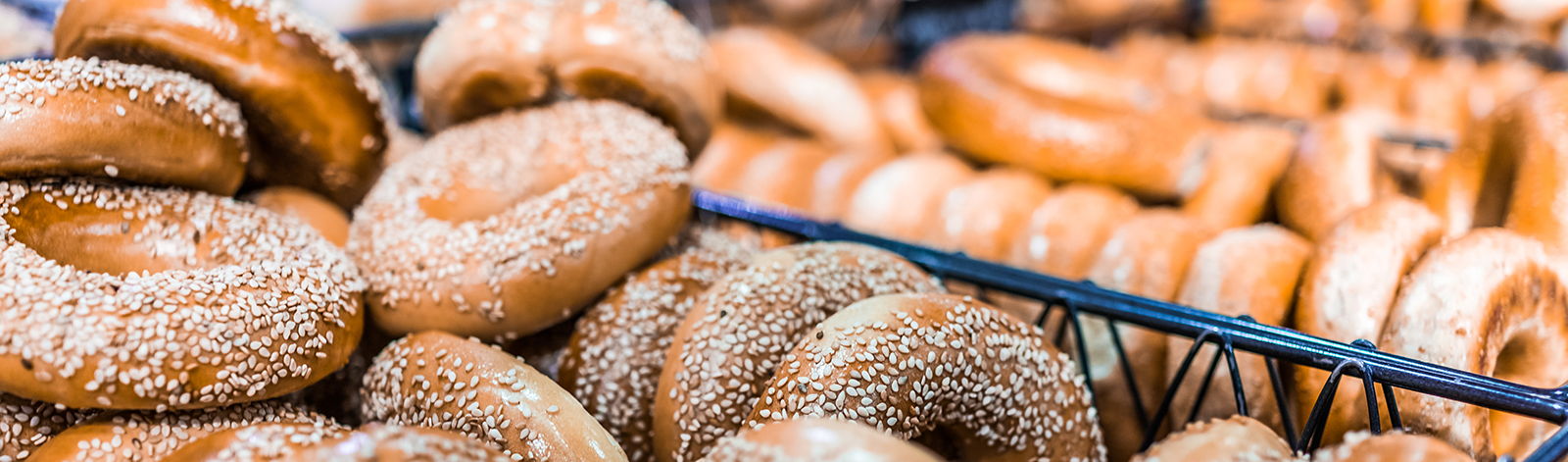 Closeup of bagels in a bakery