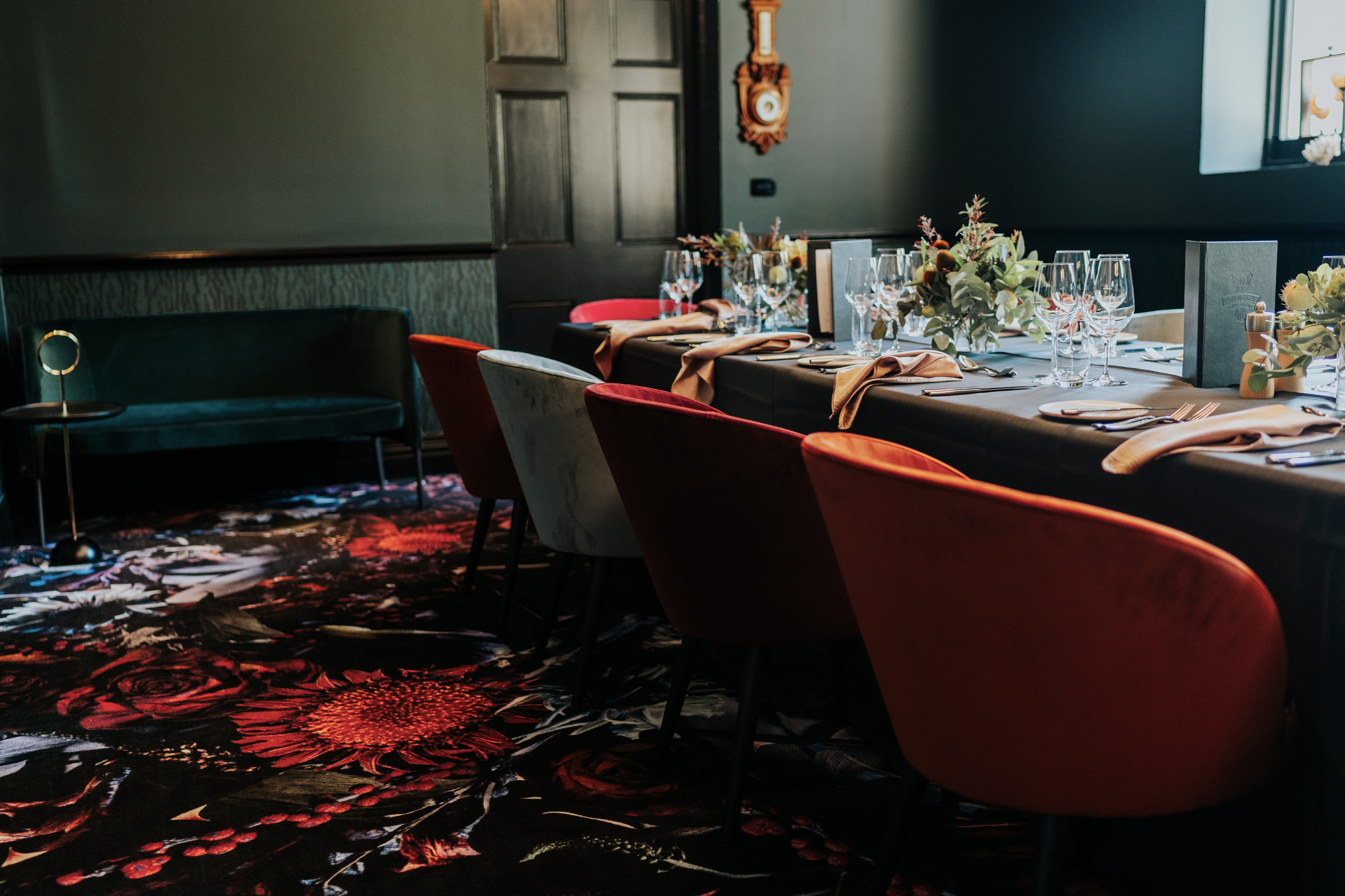 The Marriner Suite at the Princess Theatre designed by Geraldine Maher, Maher Design, featuring Fool's Paradise by Marcel Wanders for Moooi Carpets. Photo c/o Marriner Group. 