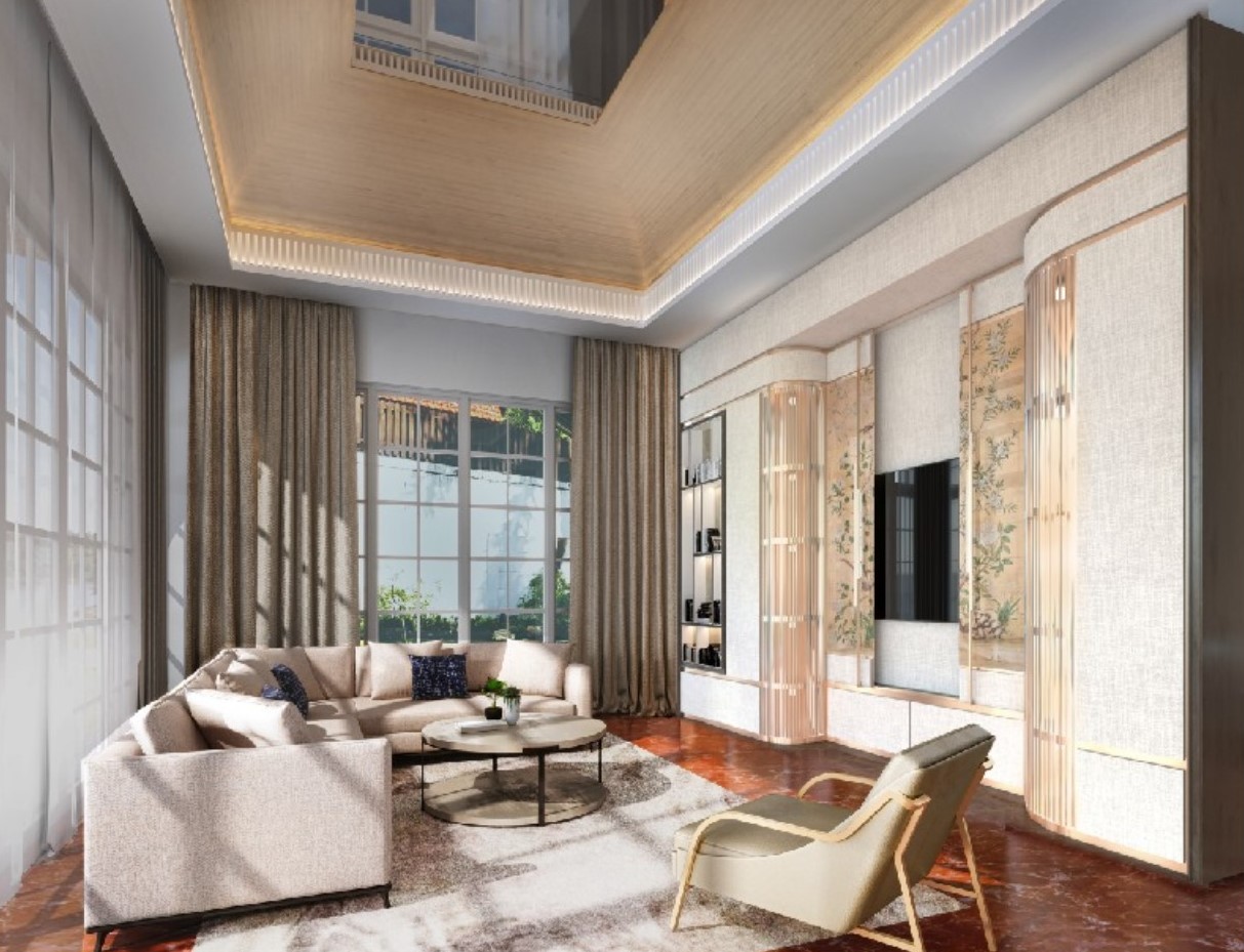The Tanglin House in Singapore, here and following, called for the refurbishment of the Neoclassical facade and internal spaces for a growing family crossing three generations. Images c/o Topic Design Studio. 