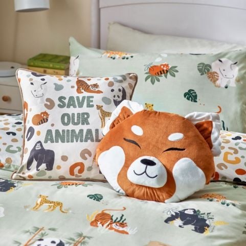 A cotton-rich kids' duvet set with a safari animal design in a sage green shade.