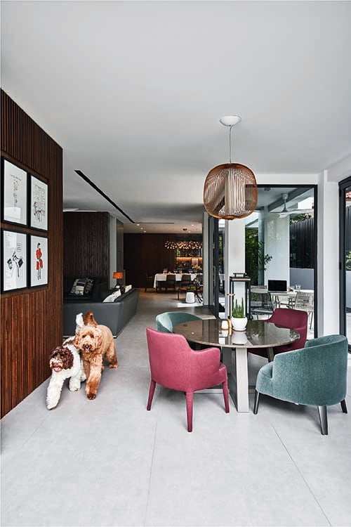 The family's two dogs were an important part of the client's brief. Here, Moooi's Spokes Pendent light adds another layer of colour to the casual gathering space. 