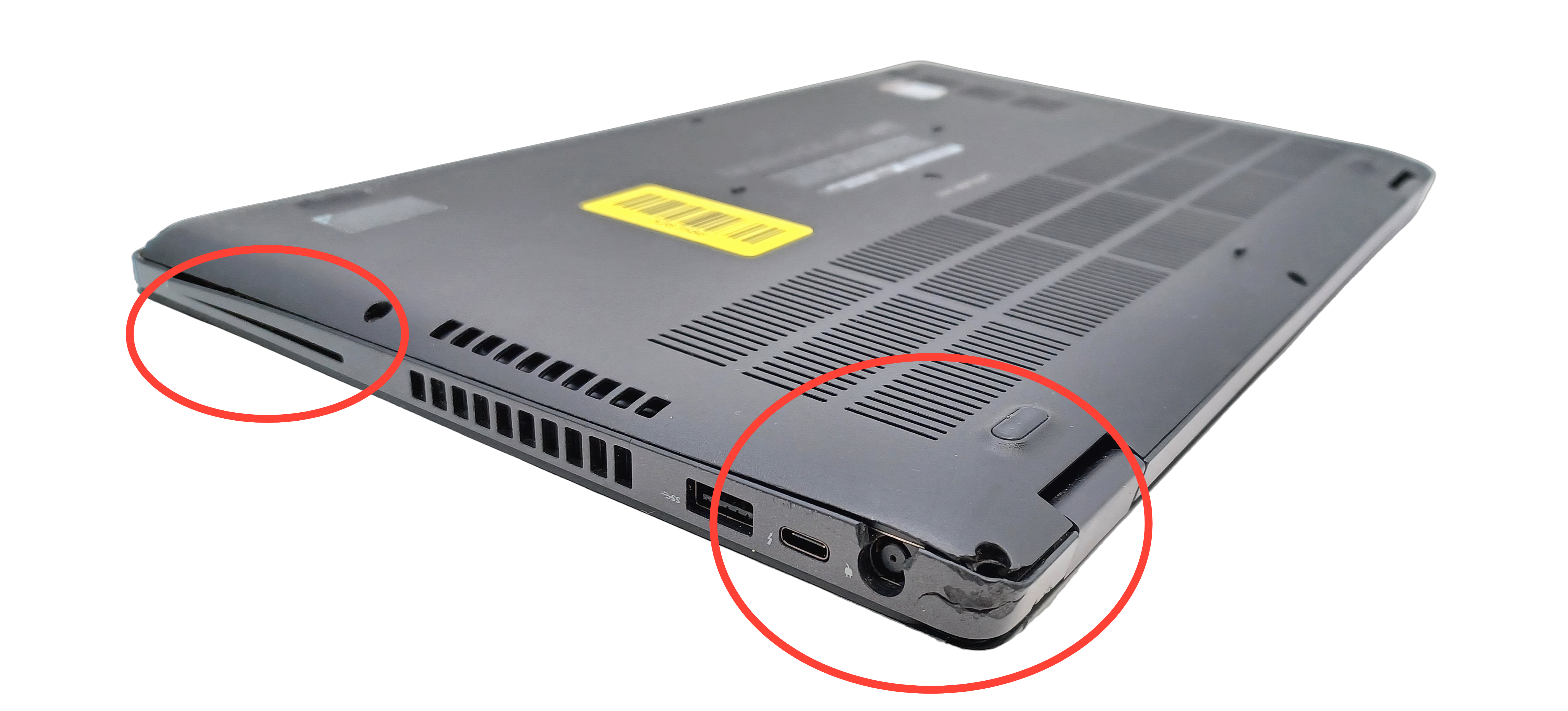 Case damage on underside and side. Screw missing