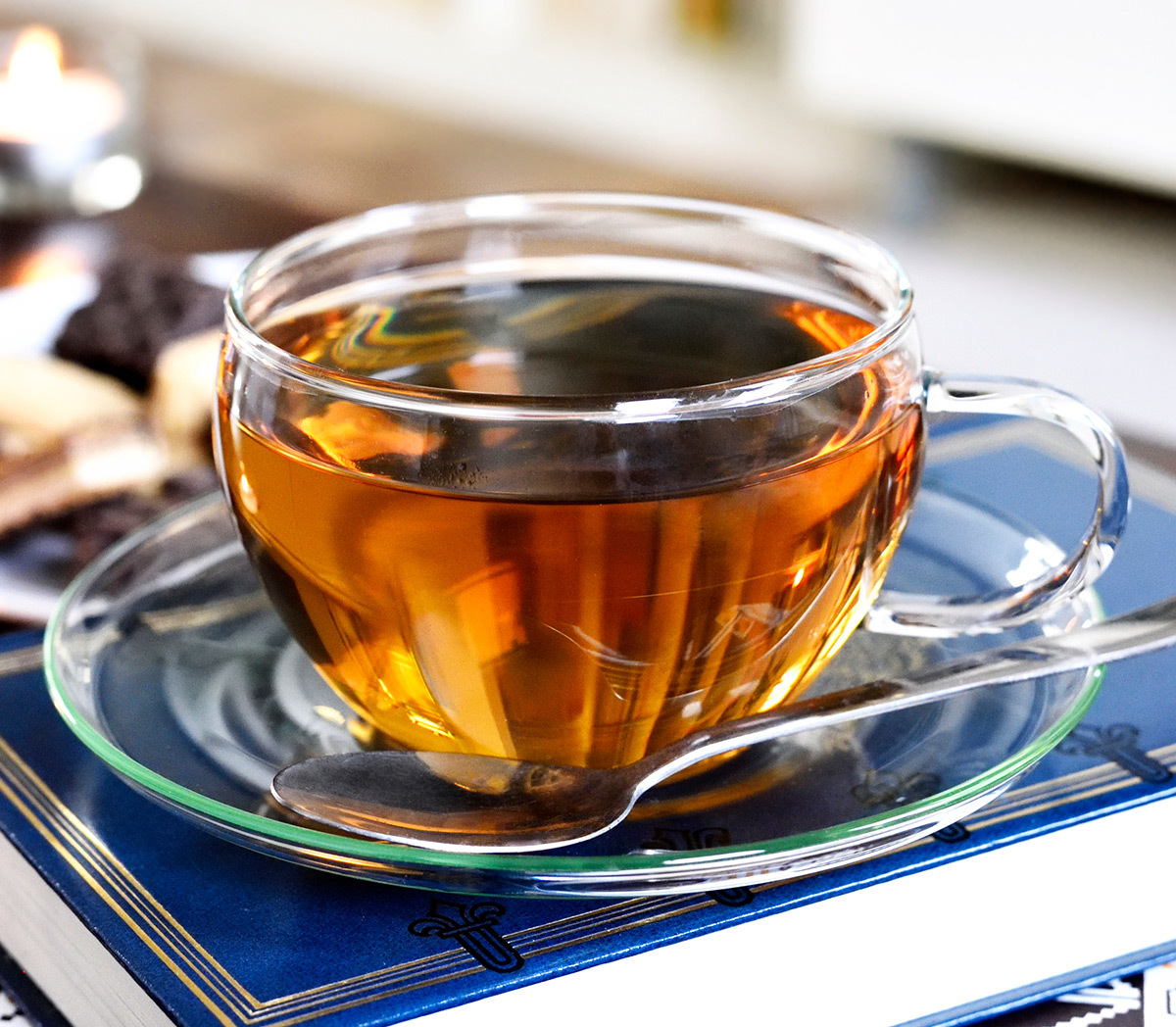 Cup of black tea in a glass cup