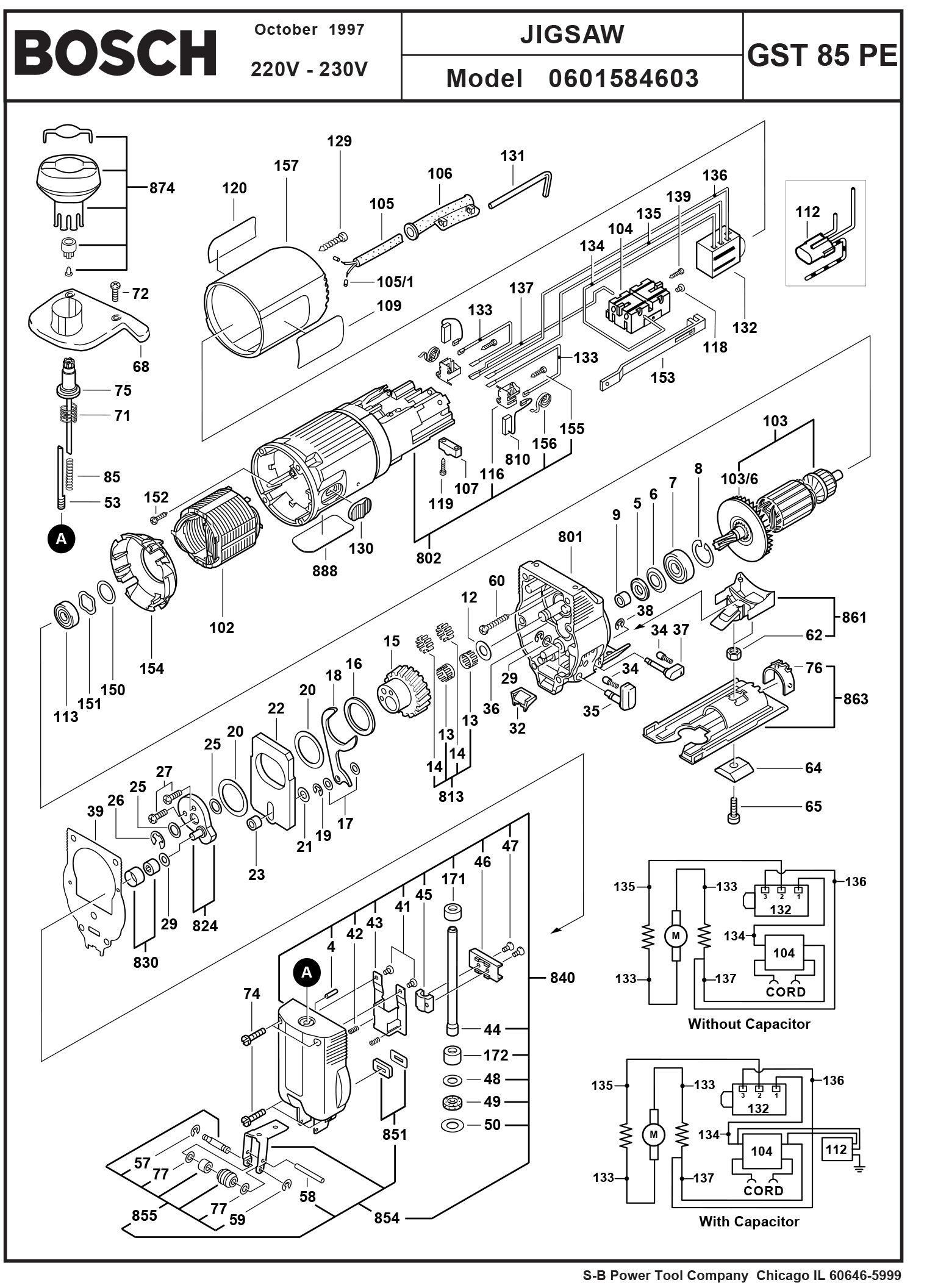 Bosch Gst85Pe.603 220V Jigsaw 060 1584 603 Model Schematic