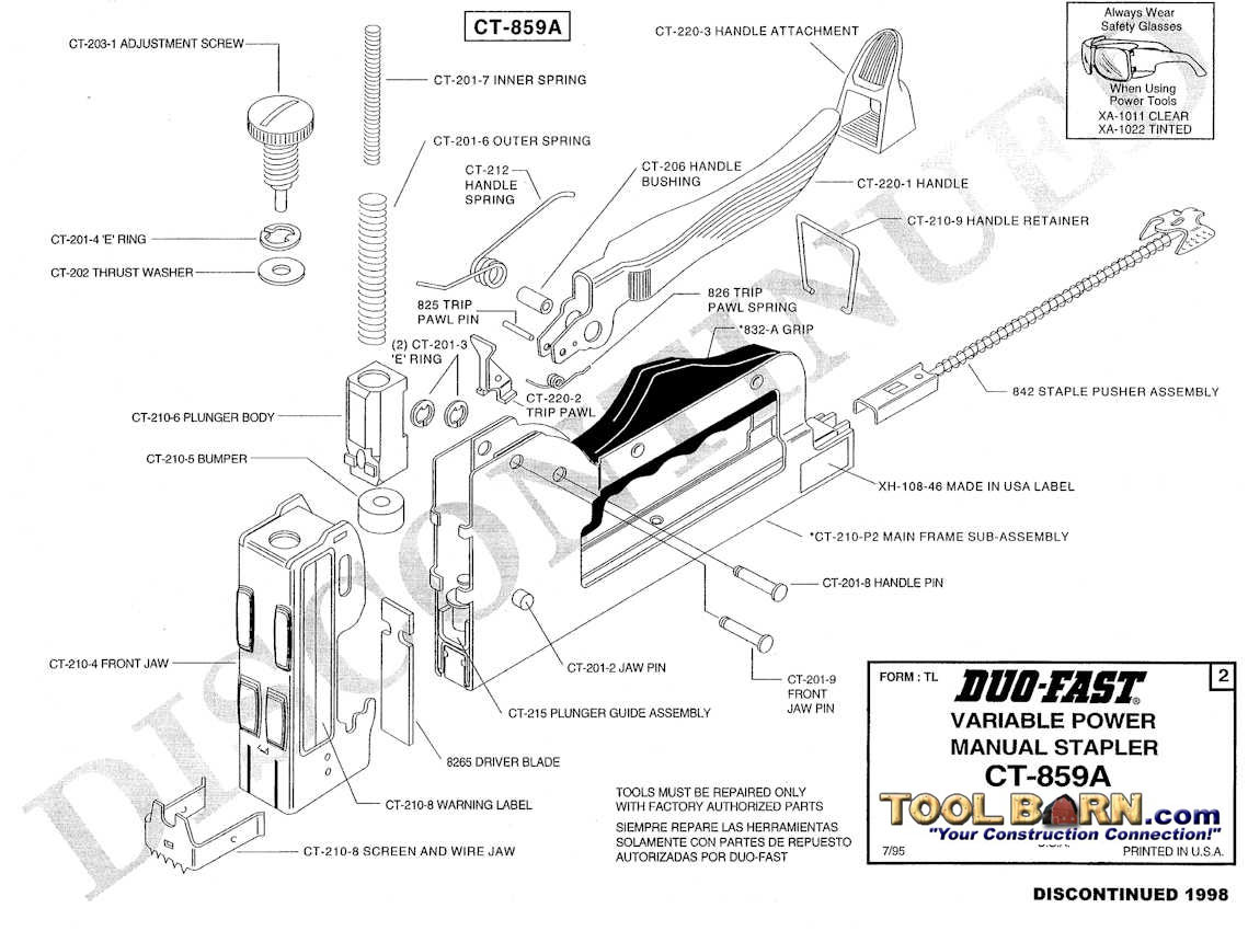 DuoFast Ct859A Variable Power Manual Stapler Model Schematic Parts