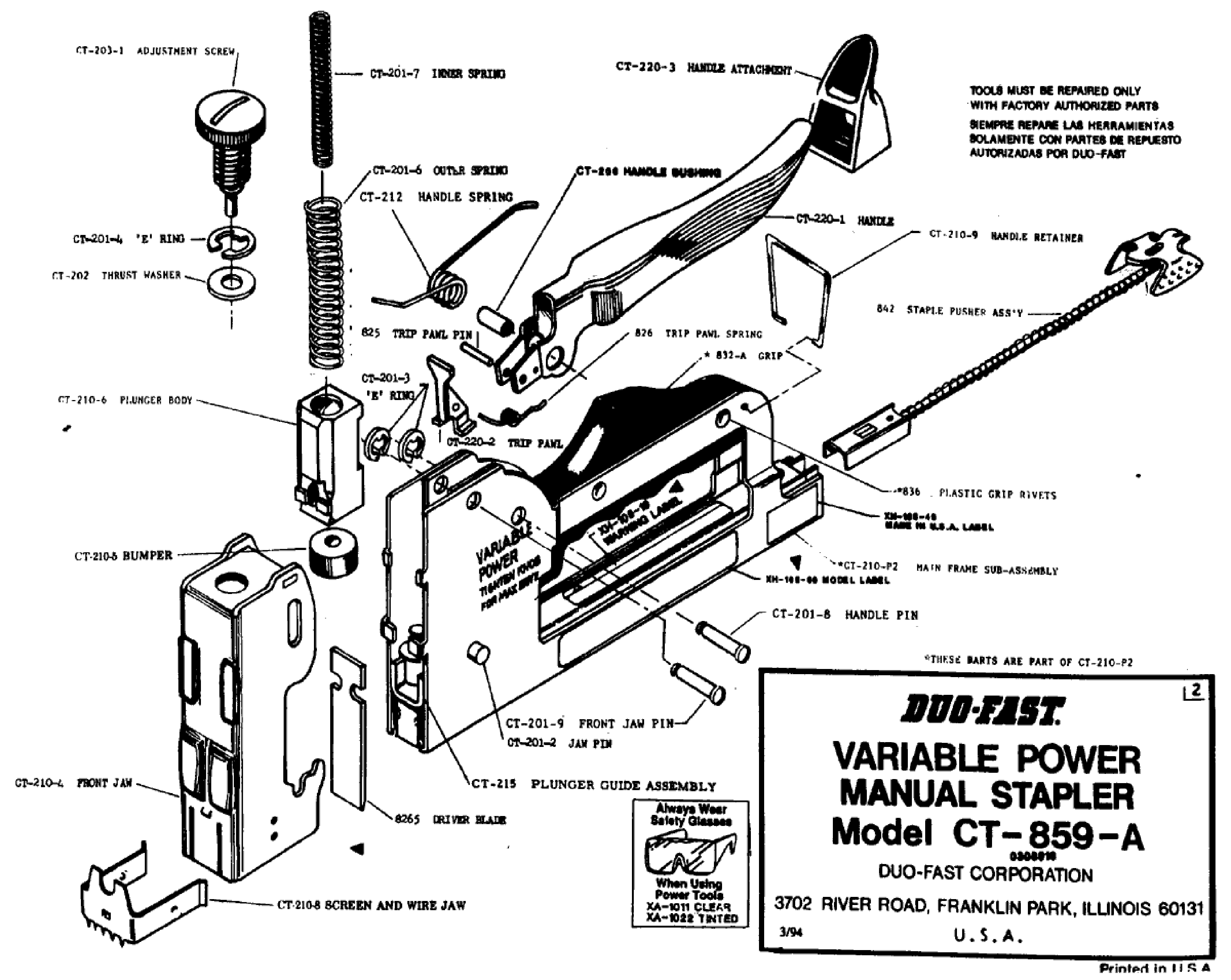 Duo Fast Ct 859 A Variable Power Manual Stapler Model Schematic