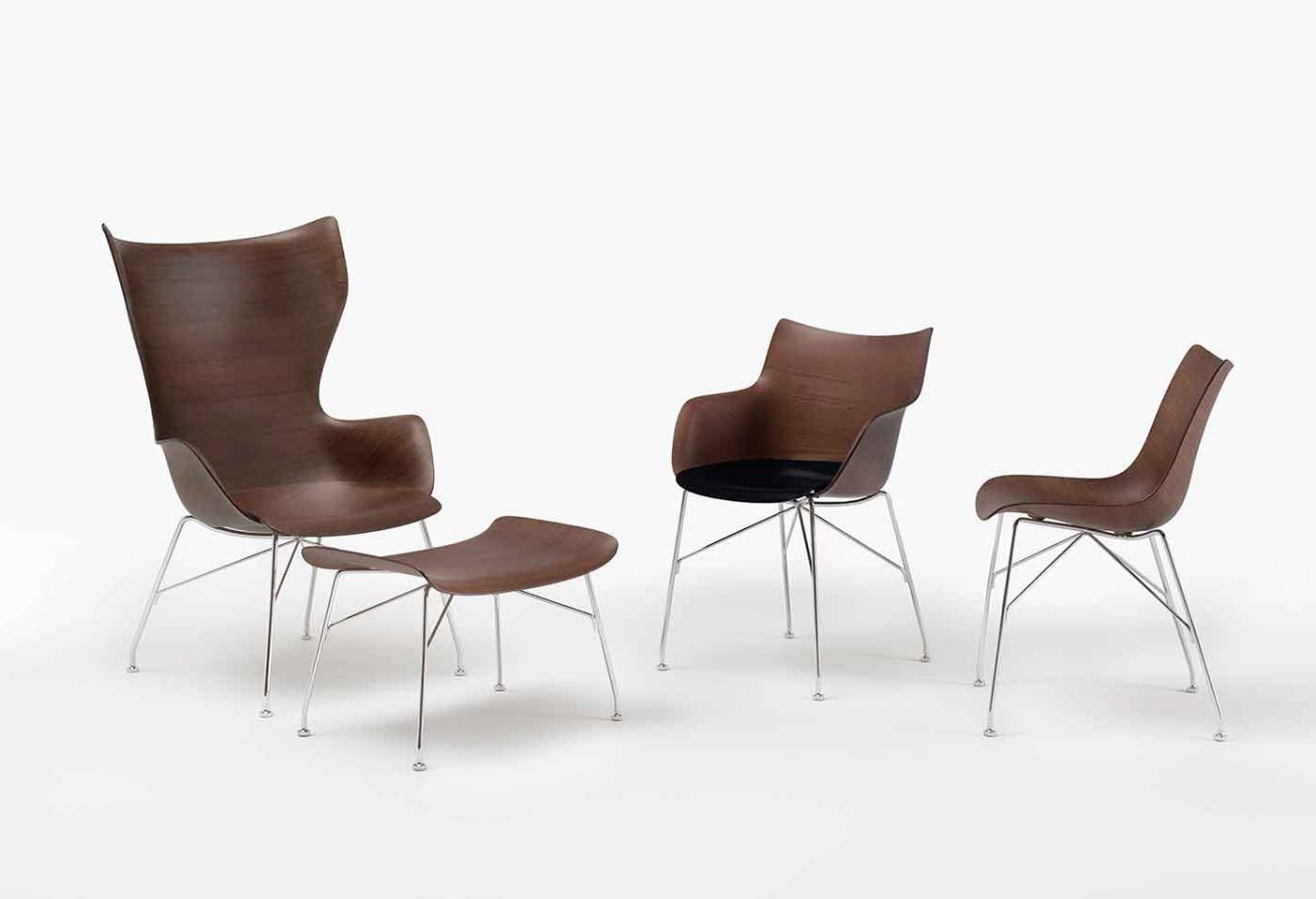 The P/Wood chair designed by Philippe Starck for the Smart Wood range is joined by the Q/Wood with arms, the K/Wood armchair and the S/Wood ottomon, here and following. Photo c/o Kartell. 