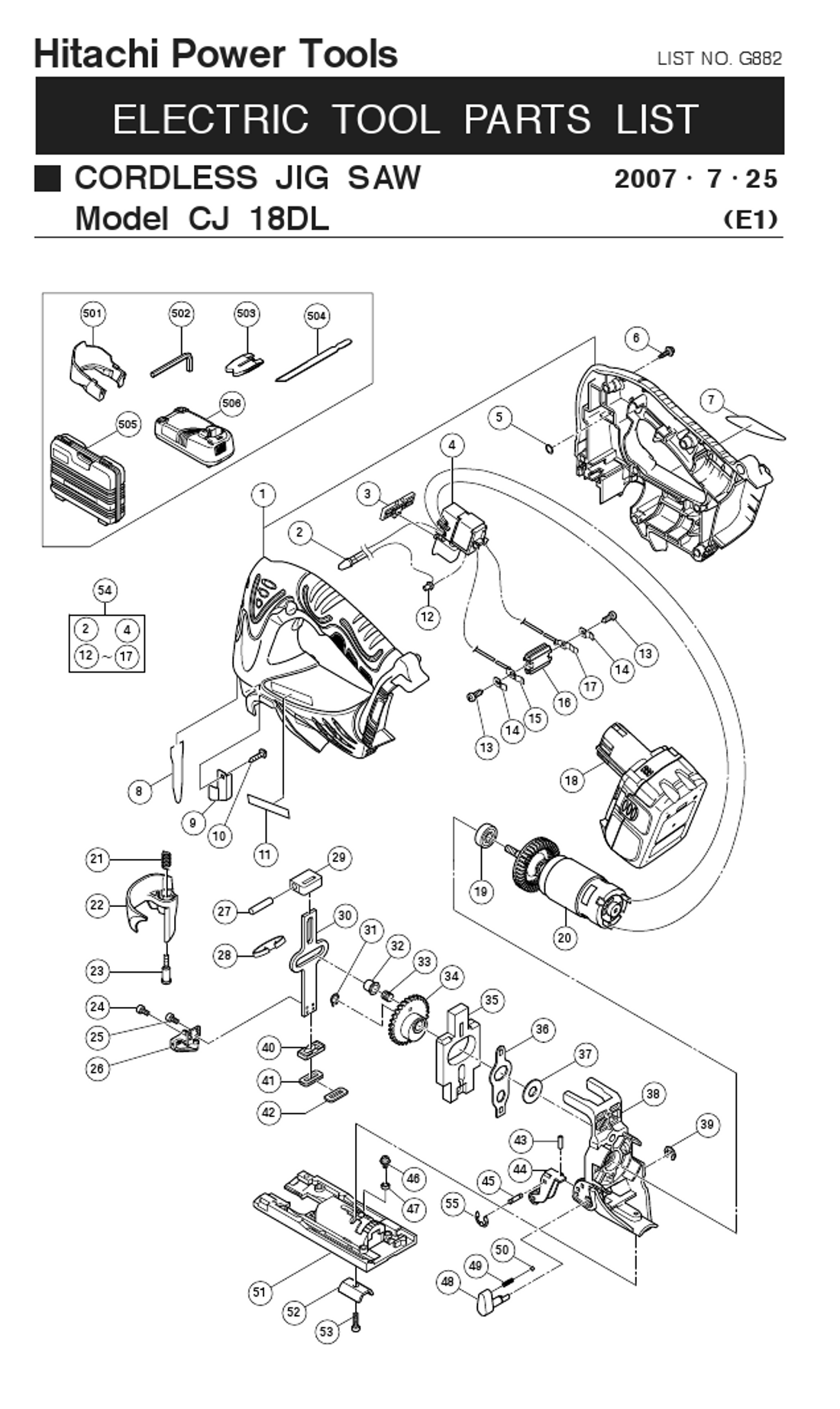 Hitachi Cj18Dl 18V Lithium Ion Jig Saw Kit Model Schematic Parts