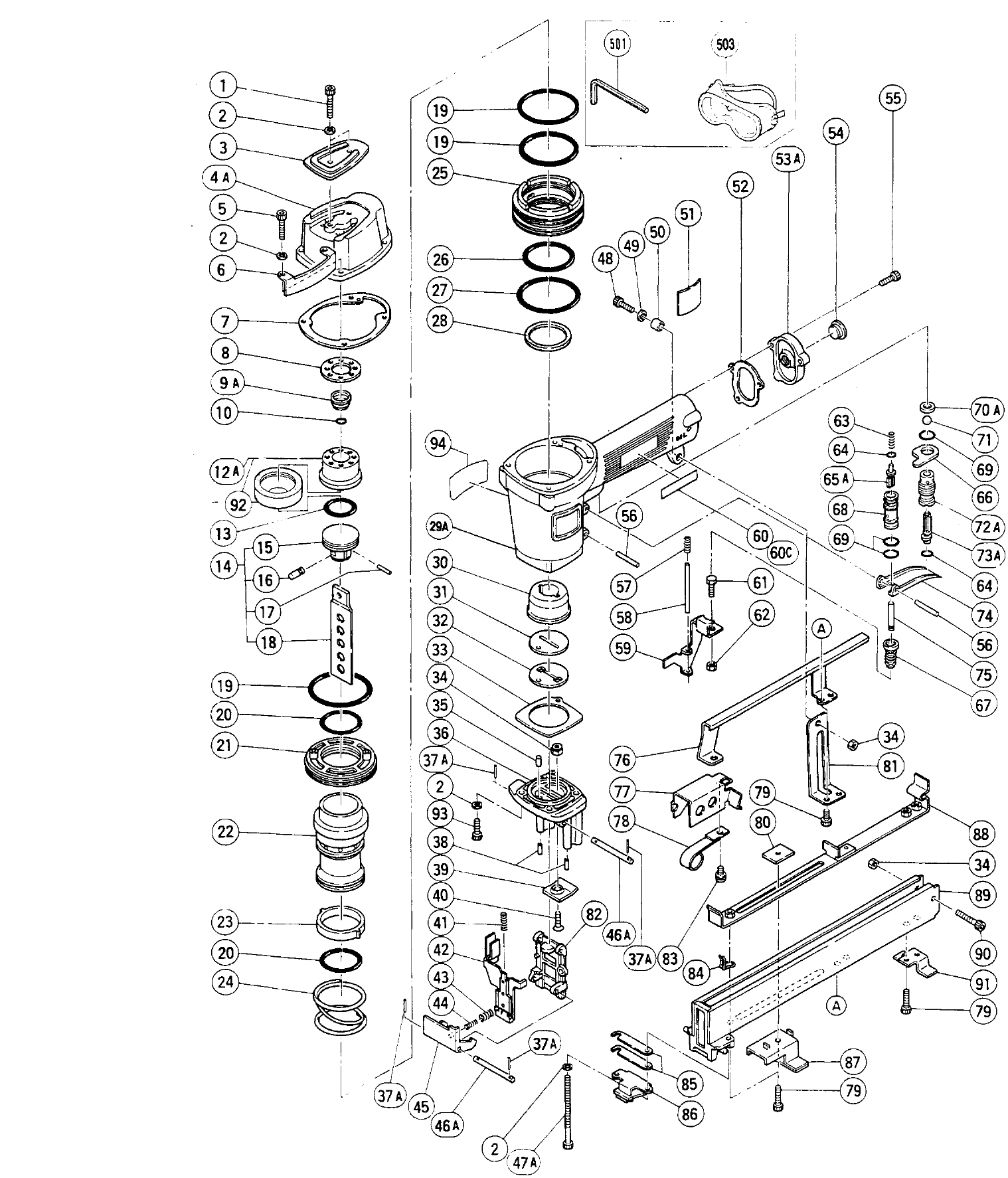 Hitachi N3824A Pneumatic Stapler Model Schematic Parts Diagram