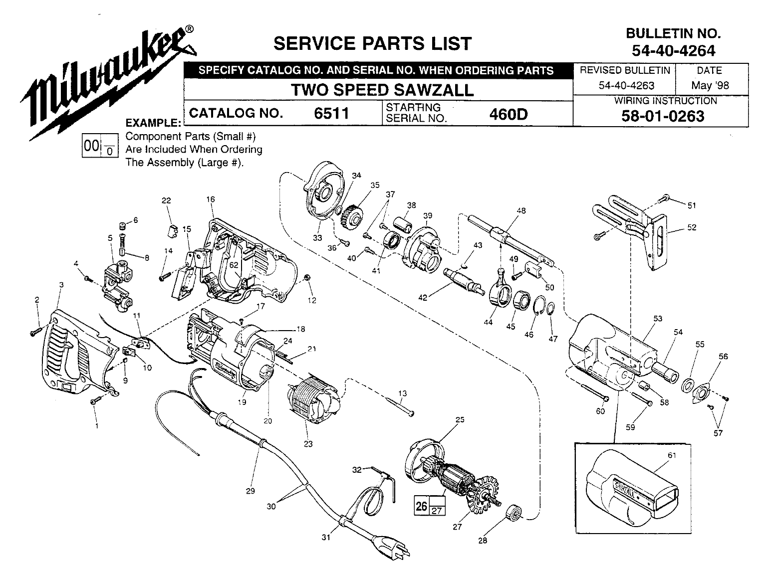 Milwaukee 6511_460D Two Speed Sawzall Model Schematic Parts Diagram