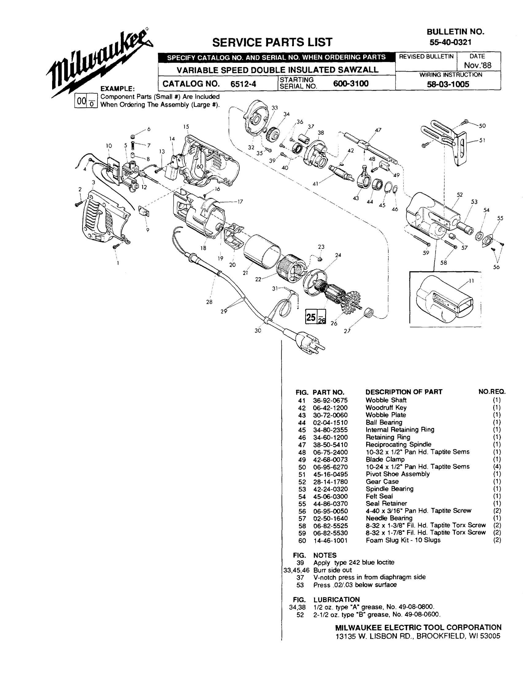 Milwaukee 6512-4 600-3100 Variable Speed Double Insulated Sawzall 