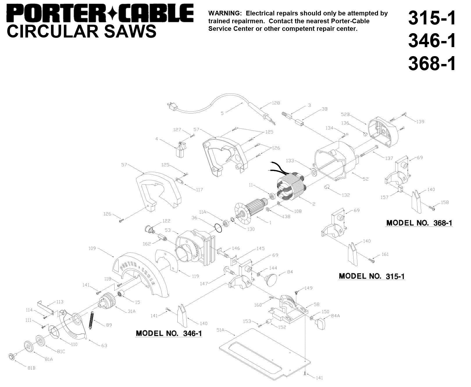 Porter Cable 346 1 Circular Saw Model Schematic Parts Diagram