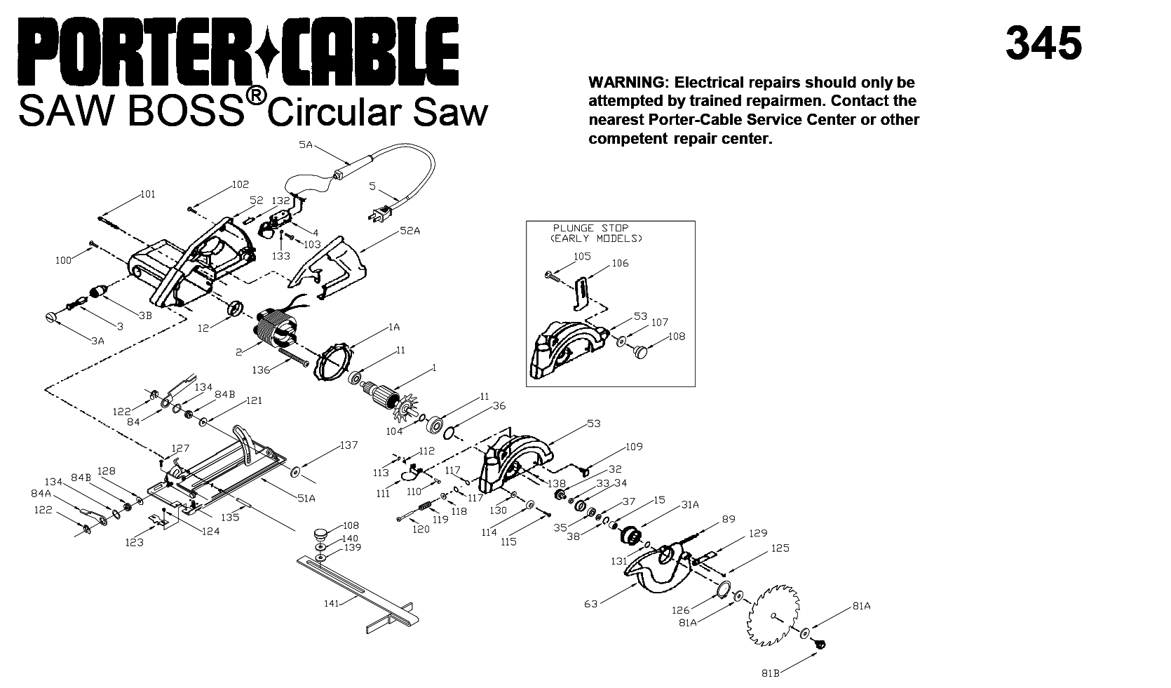 Porter Cable 345 6In Saw Boss Model Schematic Parts Diagram