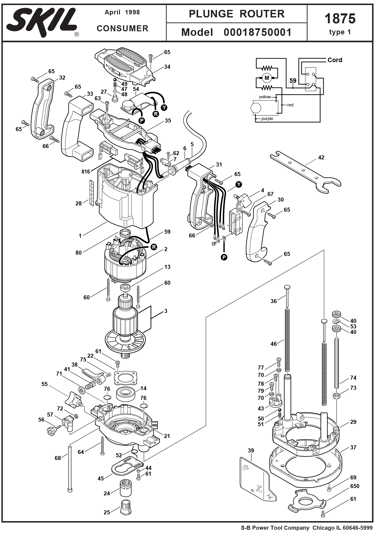 Skil 1875type1 Plunge Router 00018750001 Model Schematic Parts