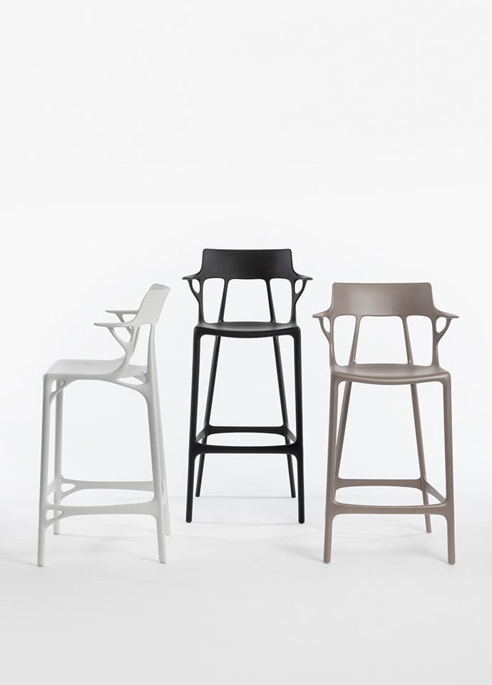 Philippe Starck's A.I. collection grows to include new stools made in recycled material. Photo c/o Kartell. 
