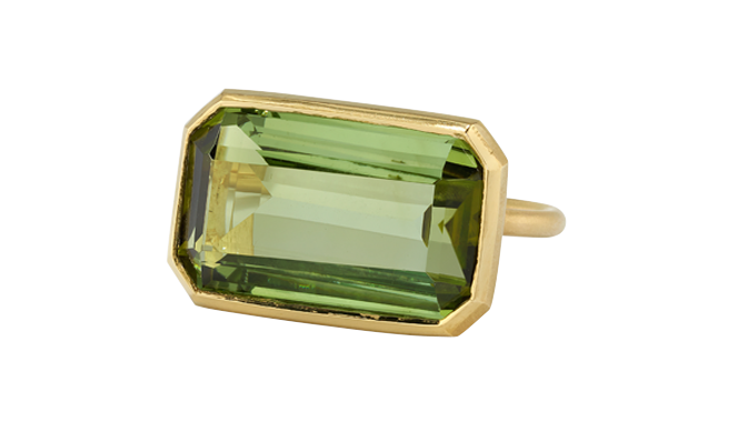 One of a Kind Green Tourmaline Gem Drop Emerald-Cut Bezel Ring