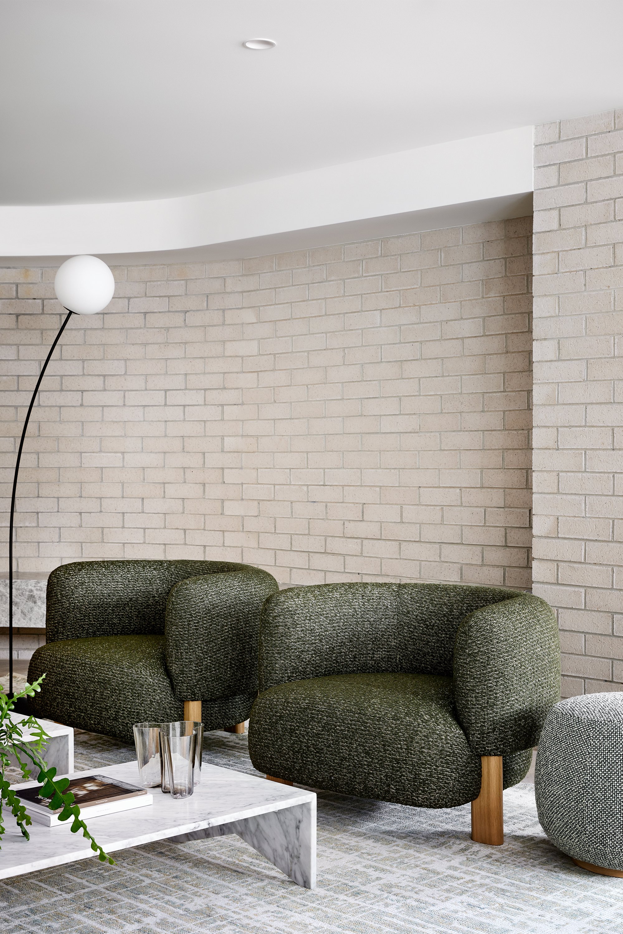 Boyd Floor Lamp, Memphis Carrara Coffee Table , Lola Armchairs Oak Natural Bowie Sage and Joy Ottoman Lennon Khaki
