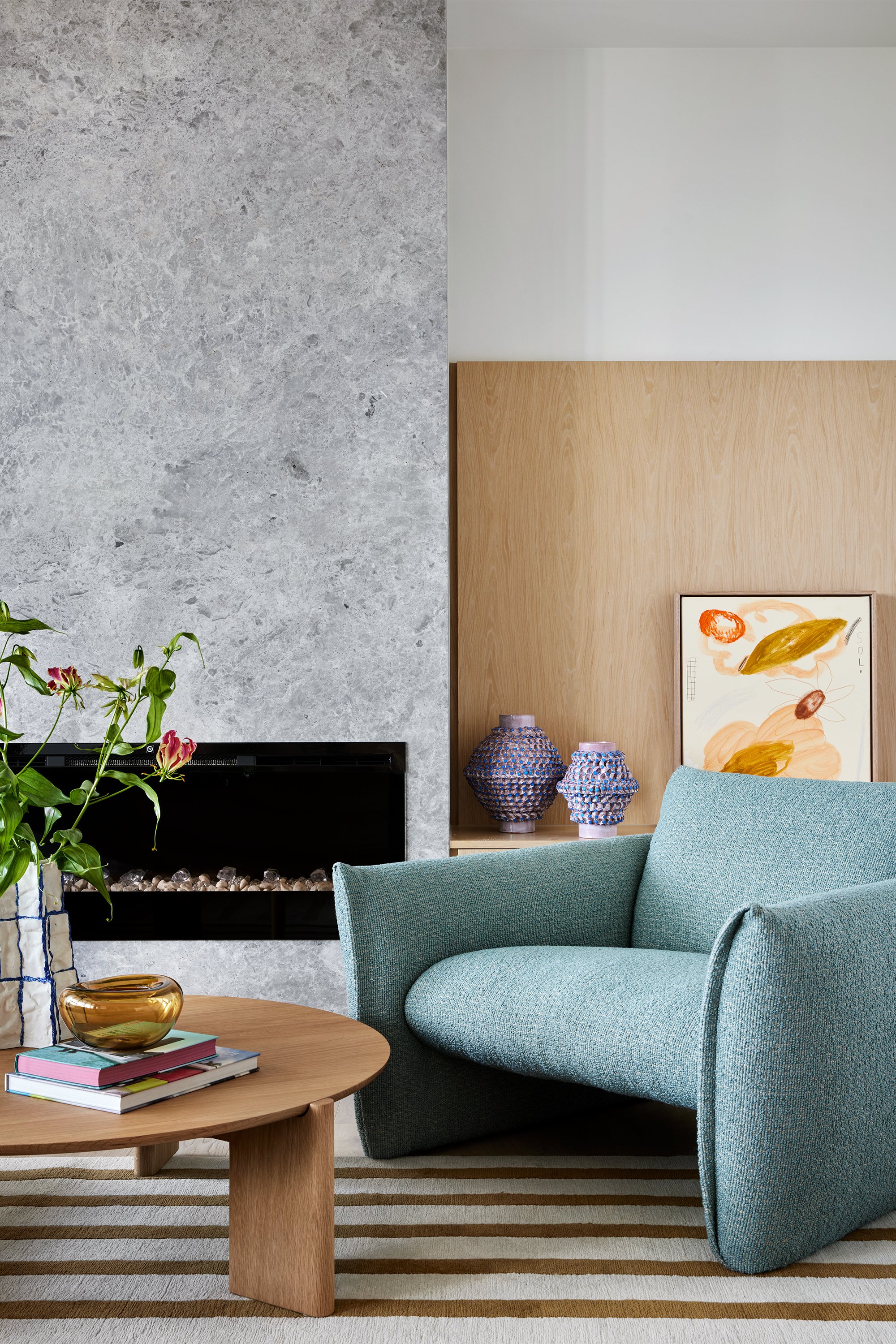 Leeroy Armchair Bowie Sky and Otis Coffee Table Oak Natural