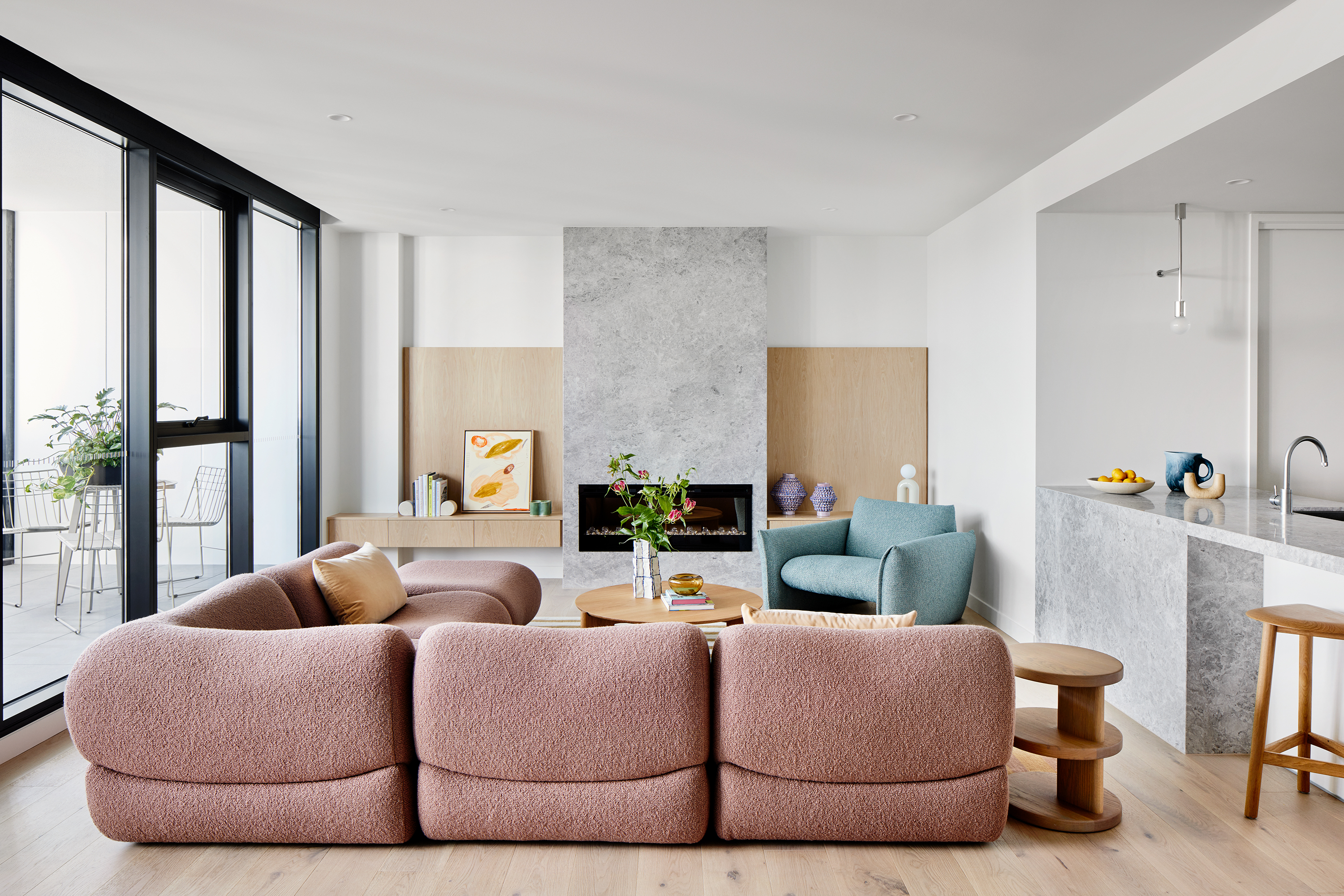 Lemmy Modular Sofa Poppy Petal, Leeroy Armchair Bowie Sky and Kitt Side Table Oak Natural