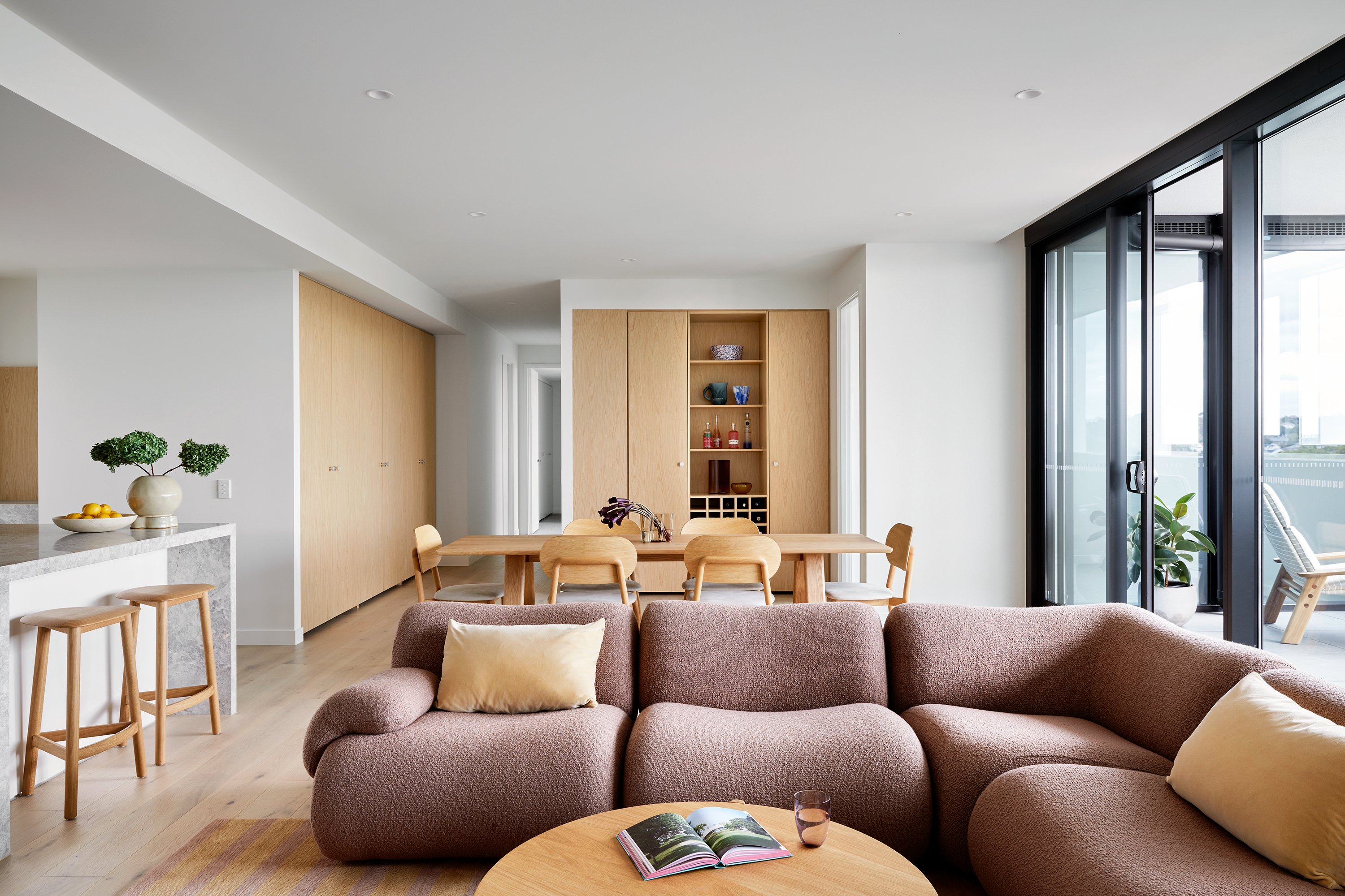 Lemmy Modular Sofa Poppy Petal, Hendrix Stools Oak Natural, Flo Table Oak Natural, McKenzie Chairs Oak Natural