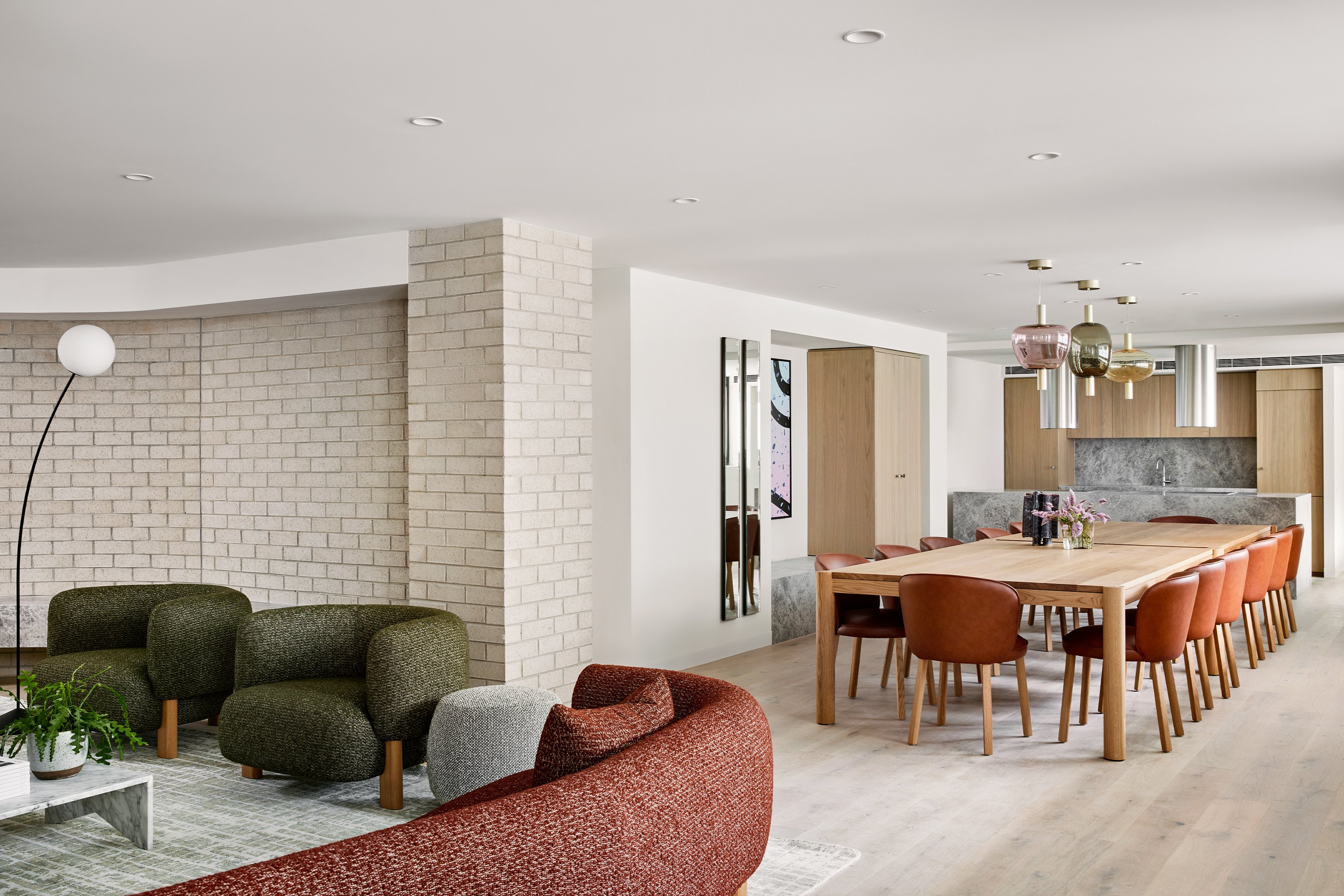 Lola Sofa Bowie Rosewood, Memphis Coffee Table, Boyd floor Lamp, Lola Armchair Bowie Sage, Hendrix Dining Table Oak Natural, Stanford Chairs Cabin Walnut Oak Natural