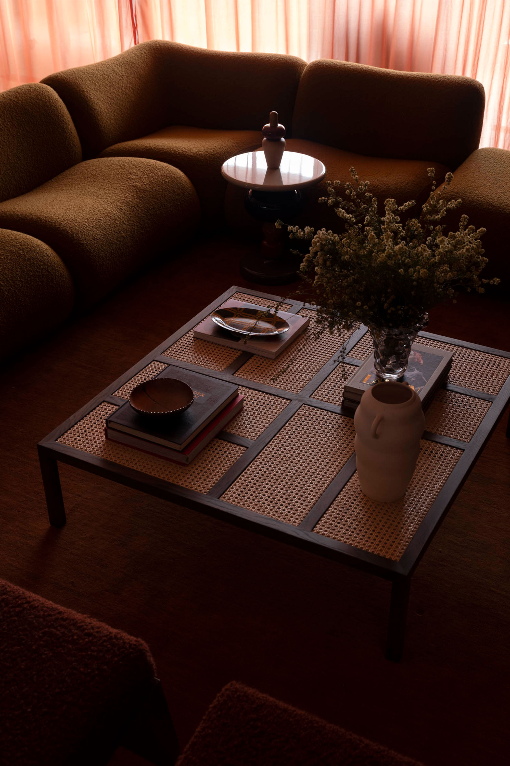 Lemmy Modular Poppy Rust and Billie Coffee Table Oak Charcoal with Rattan Top