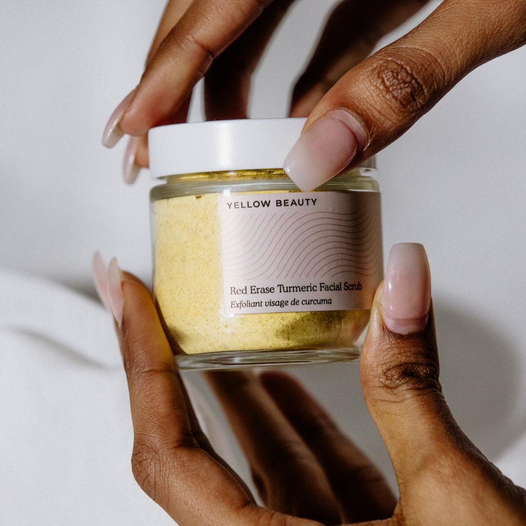 Red Erase Facial Scrub:  This turmeric scrub contains chickpea flour to gently exfoliate and fight infection. It also has coconut oil which provides deep hydration.
