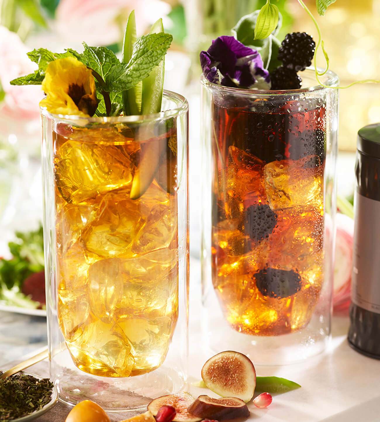 Two glasses of iced tea made with loose tea