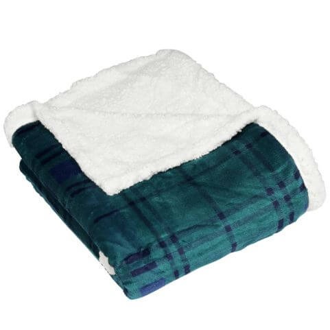 An tonal green throw blanket with a printed check design, folded to reveal a fluffy white sherpa fleece reverse.