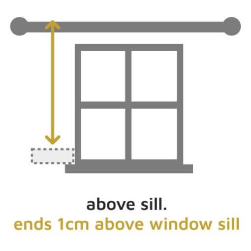 A graphic showing the the correct drop for short length made to measure eyelet curtains, 1cm above the window sill.