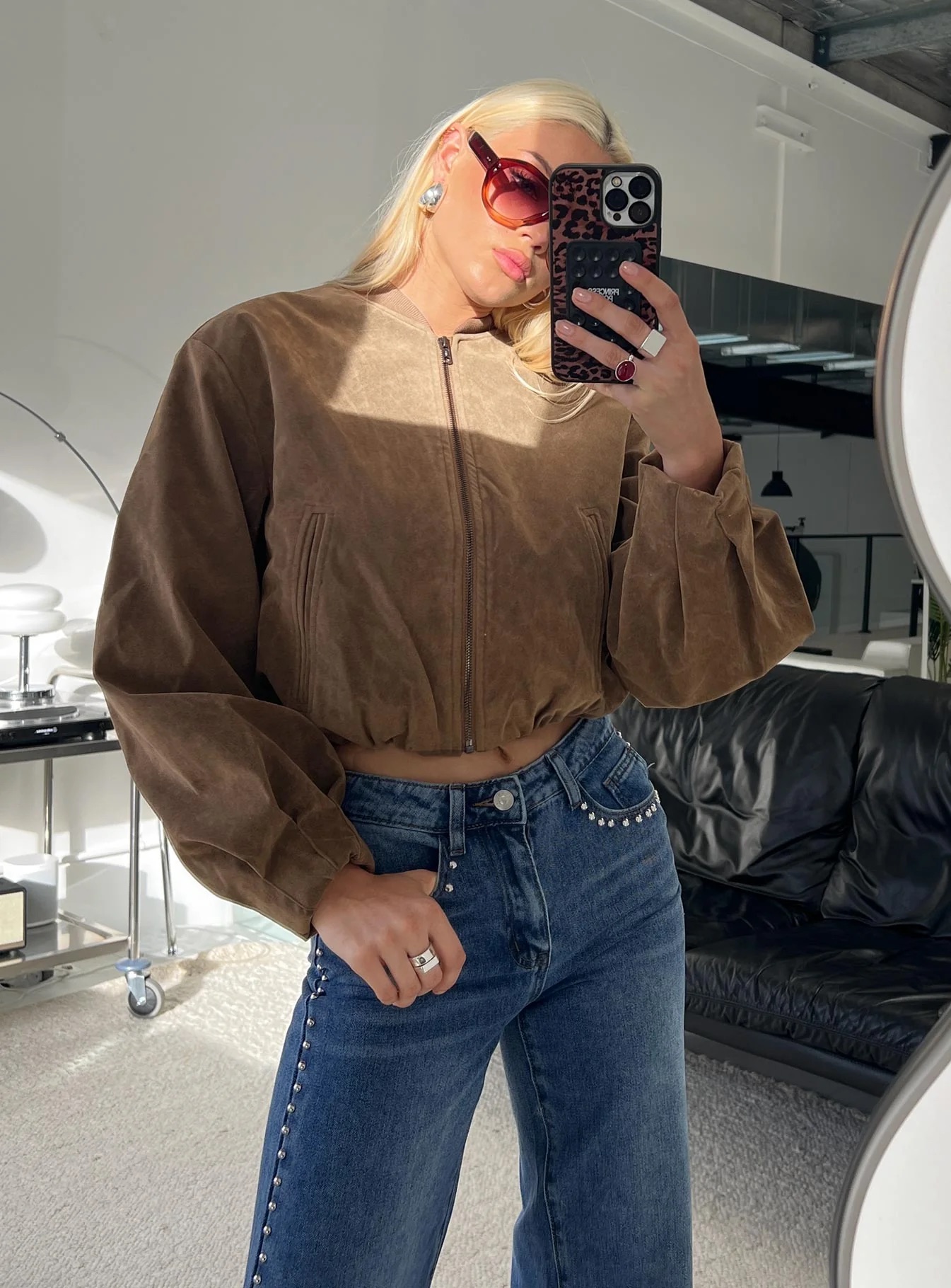 woman wearing princess polly faux suede jacket