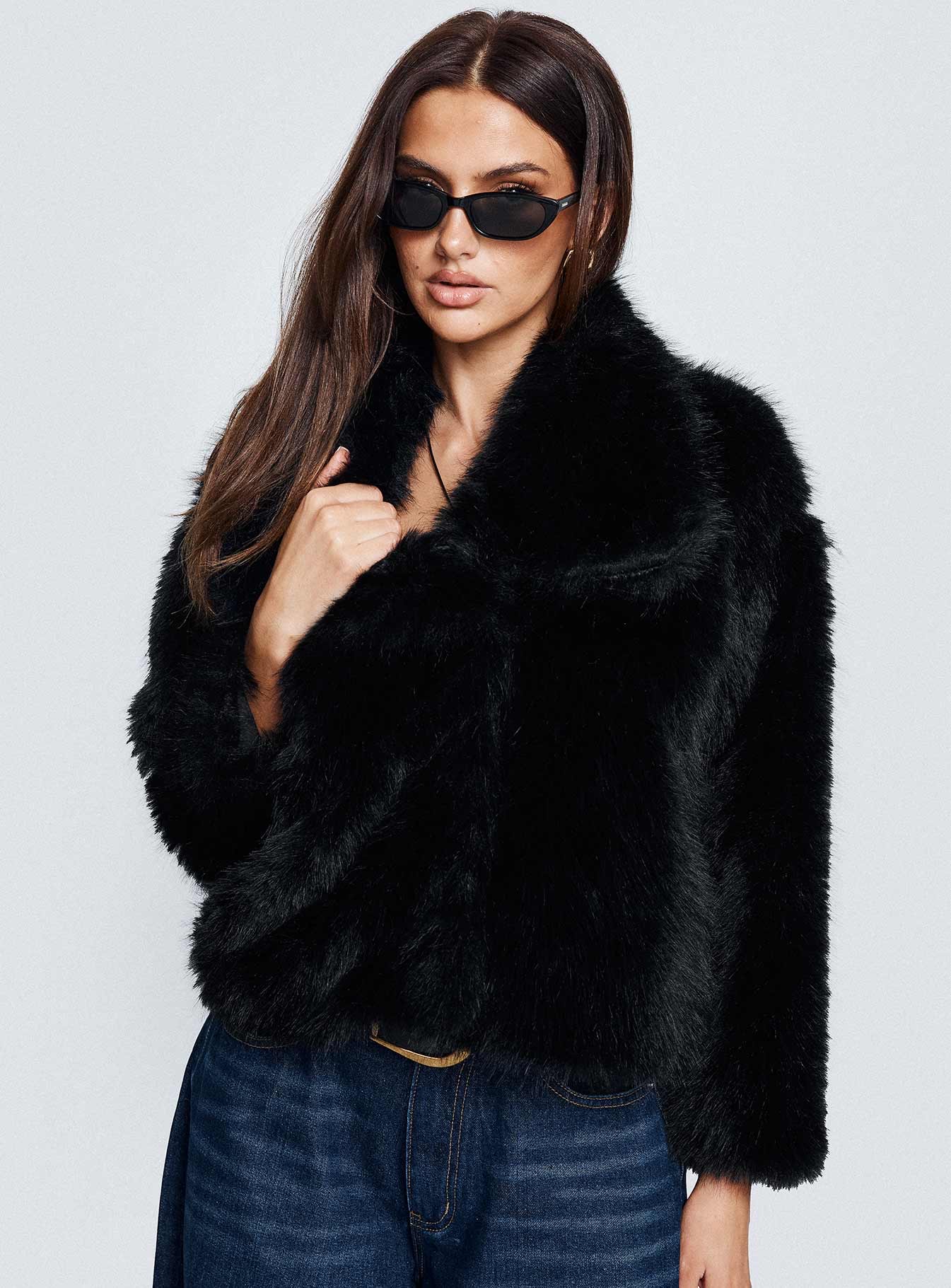 woman wearing princess polly faux fur jacket