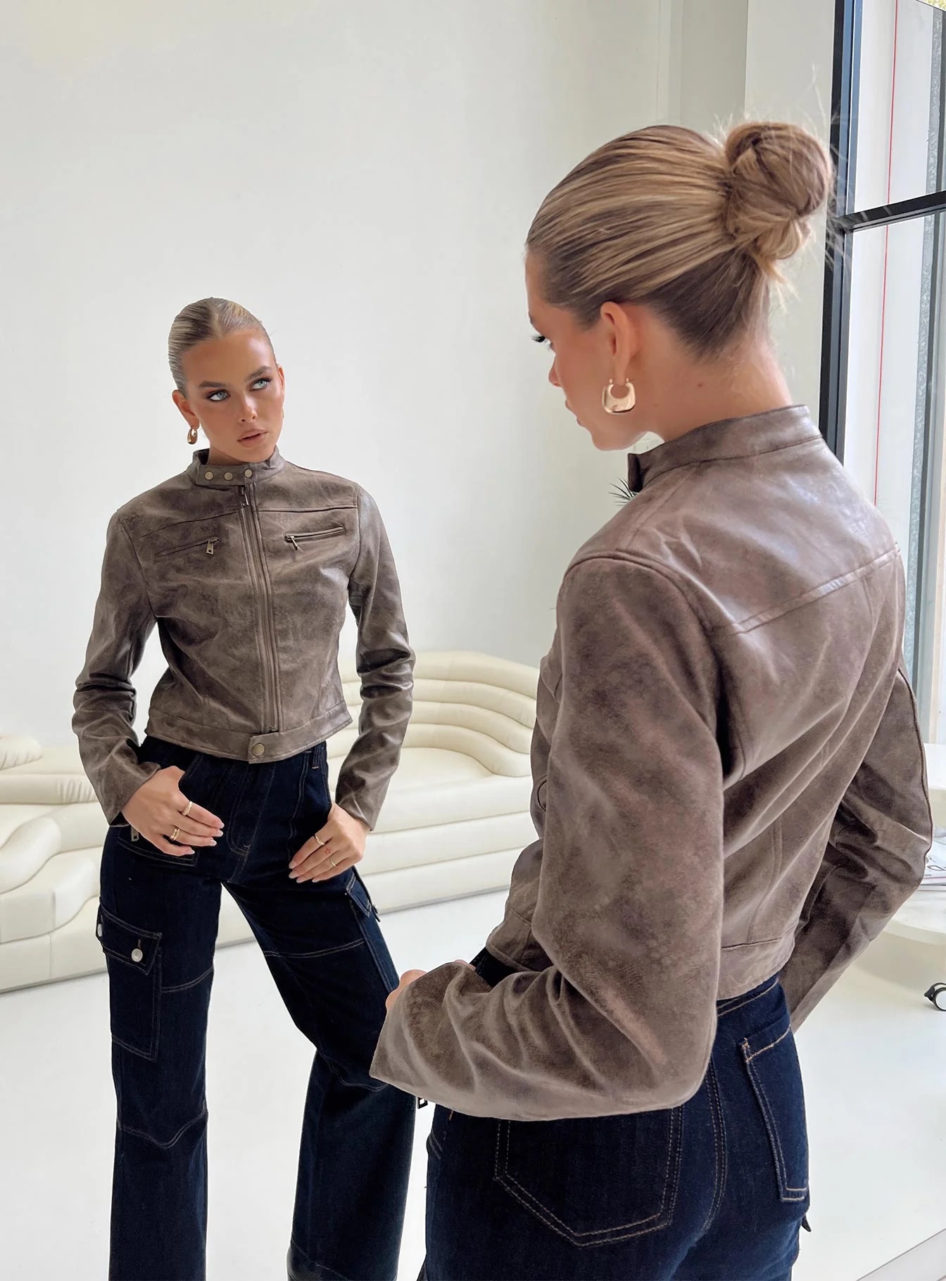 woman wearing princess polly cropped jacket