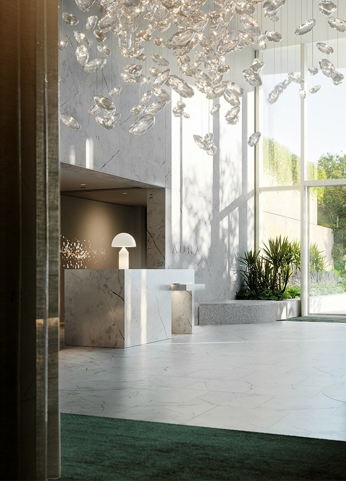 The double height entry brings in light and nature. CGI c/o 'AURA by Aqualand'.