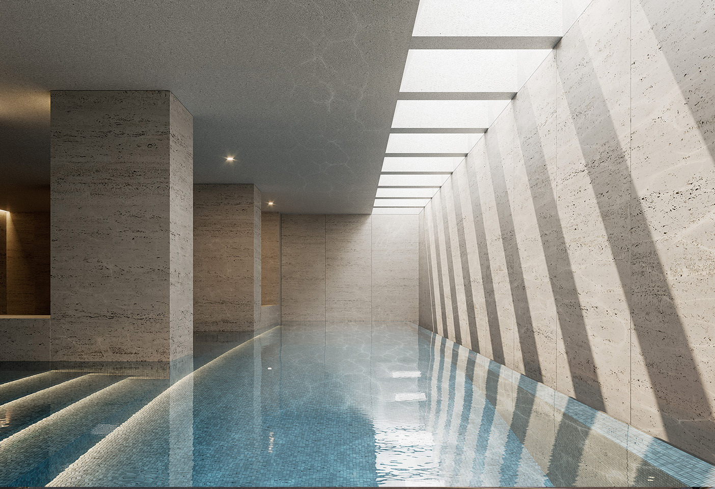 Aura's beautiful 'Zumthor-esque' pool that draws light into the building. CGI c/o 'AURA by Aqualand'.