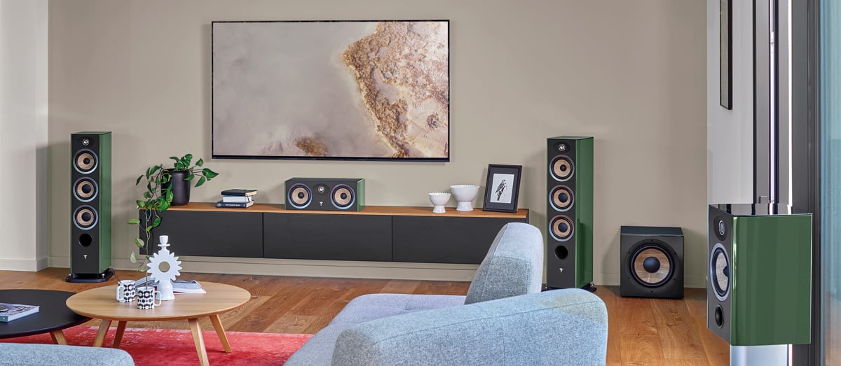 Focal Aria EVO X Series speakers in green in a living room set up