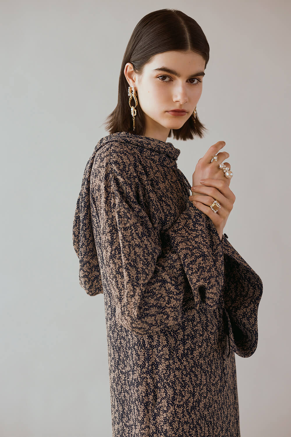 model in silk printed dress