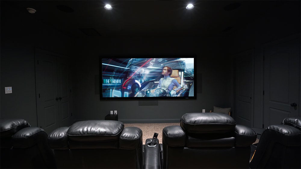 Home theater projection screen from back of theater