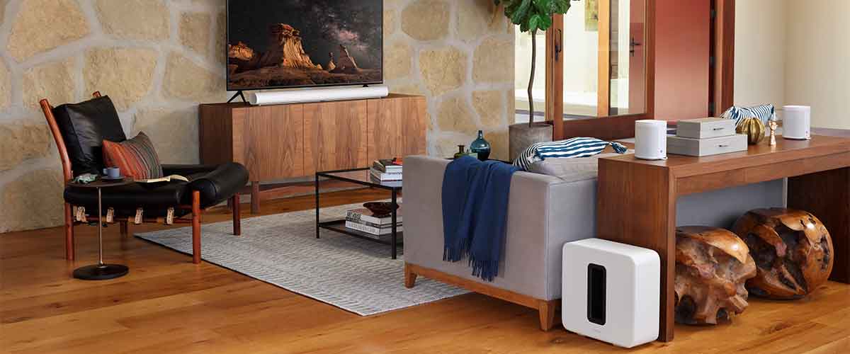 Sonos Sub and Soundbar in a living room