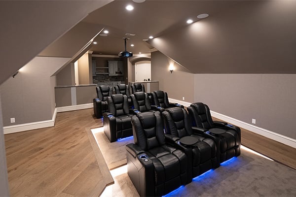 Front view of home theater seating and projector